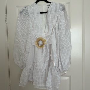 Brand new Missguided white, long sleeve, ruffled mini dress with belt